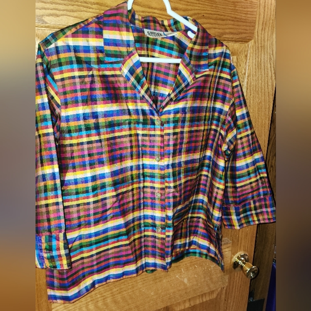 Vintage Chico's Design 100% Silk Stripe Plaid Button Up Vibrant Colors 1 Pocket